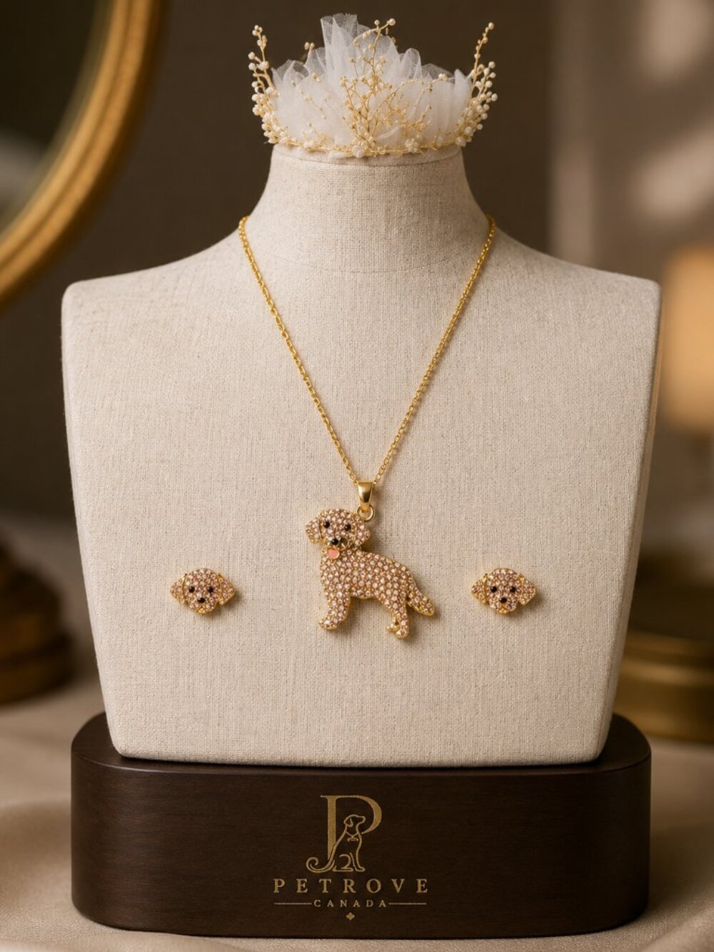 PETROVE Golden Retriever Necklace & Earrings Set Gold Dog Jewelry